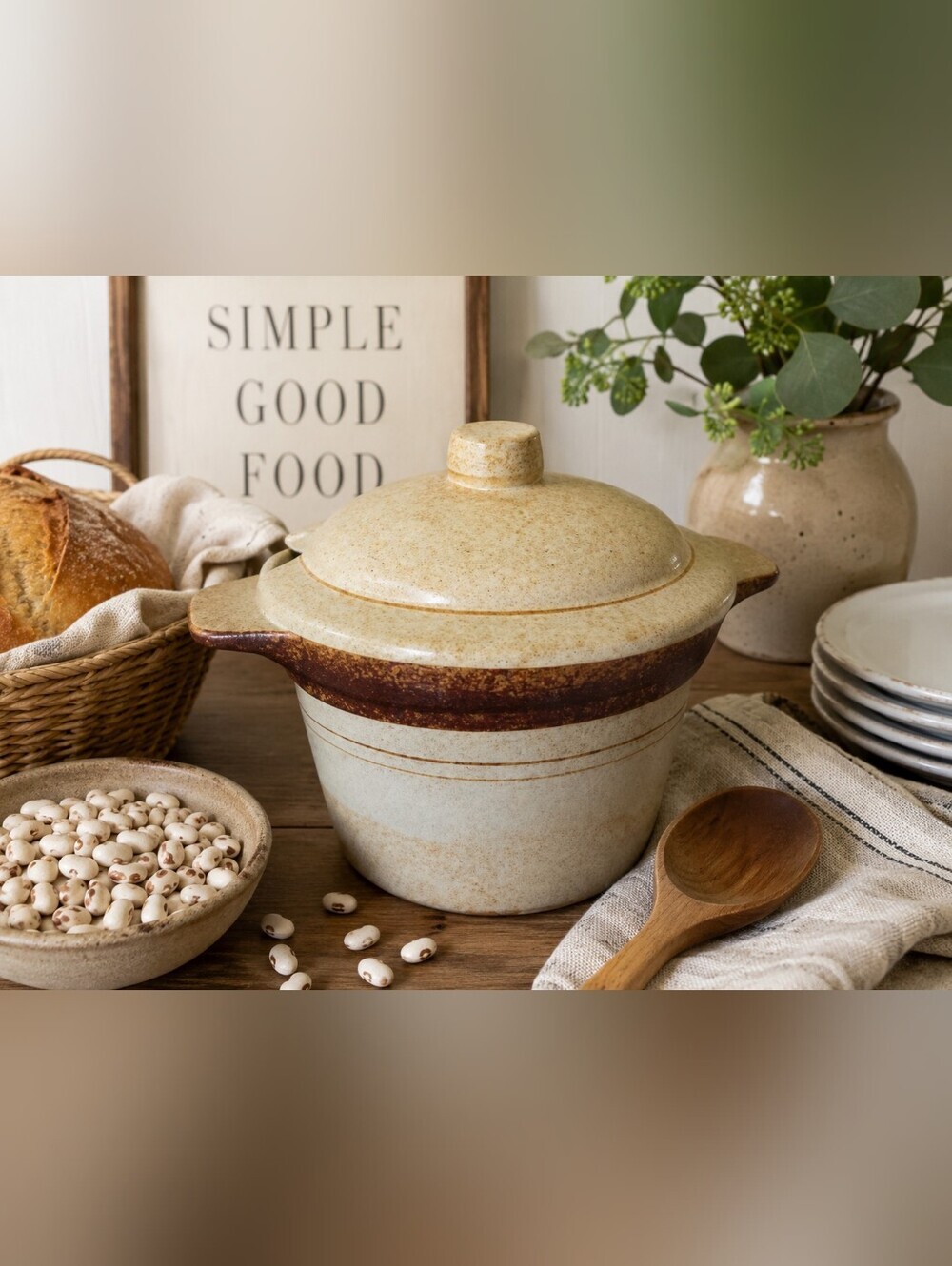 Pottery Craft Vintage 70's Stoneware Bean/Soup Pot with Lid